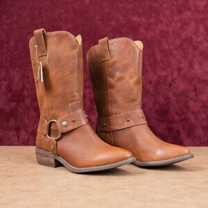 Dingo Women Cognac Leather Harness Western Cowboy Mid Calf Boots sz 8